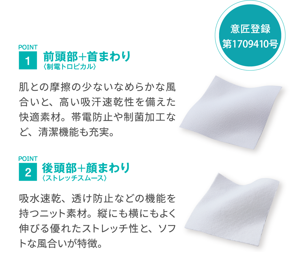 POINT1：前頭部＋首まわり〈制電トロピカル〉　POINT2：後頭部＋顔まわり〈ストレッチスムース〉